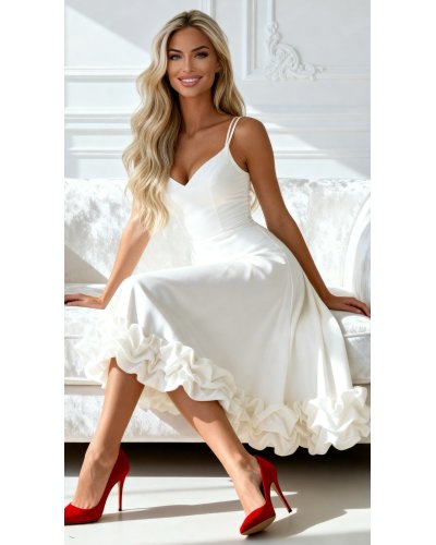 Rochii vaporoase, Rochie de cununie civila midi alba in clos cu volan tridimensional Jasmina - jojofashion.ro