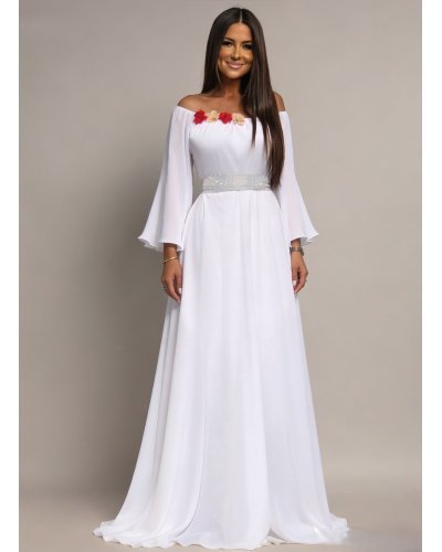 Rochii lungi, Rochie cununie civila lunga, din voal,alba, cu maneca lunga si umerii goi, FairyTale - jojofashion.ro