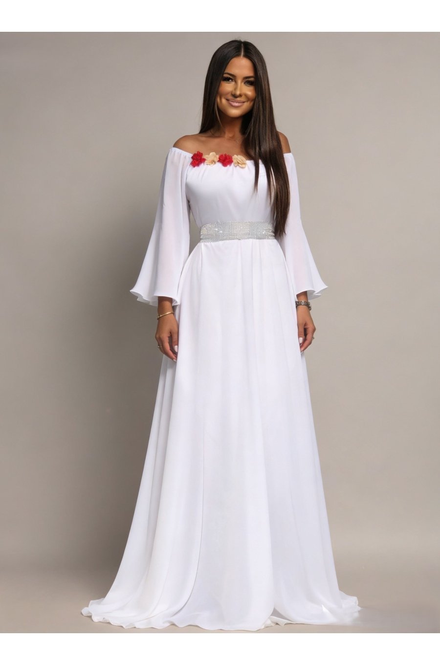 Rochie cununie civila lunga, din voal,alba, cu maneca lunga si umerii goi, FairyTale 1 - jojofashion.ro