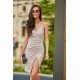 Rochie de cununie midi, din brocard bej, mulata, petrecuta, Emmely 2 - jojofashion.ro