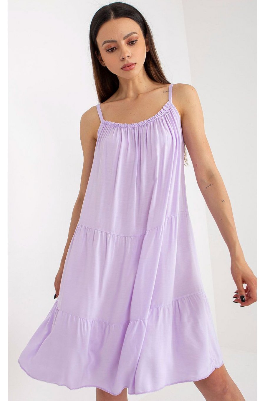 Rochie midi lila din vascoza vaporoasa cu volane Amedia 1 - jojofashion.ro