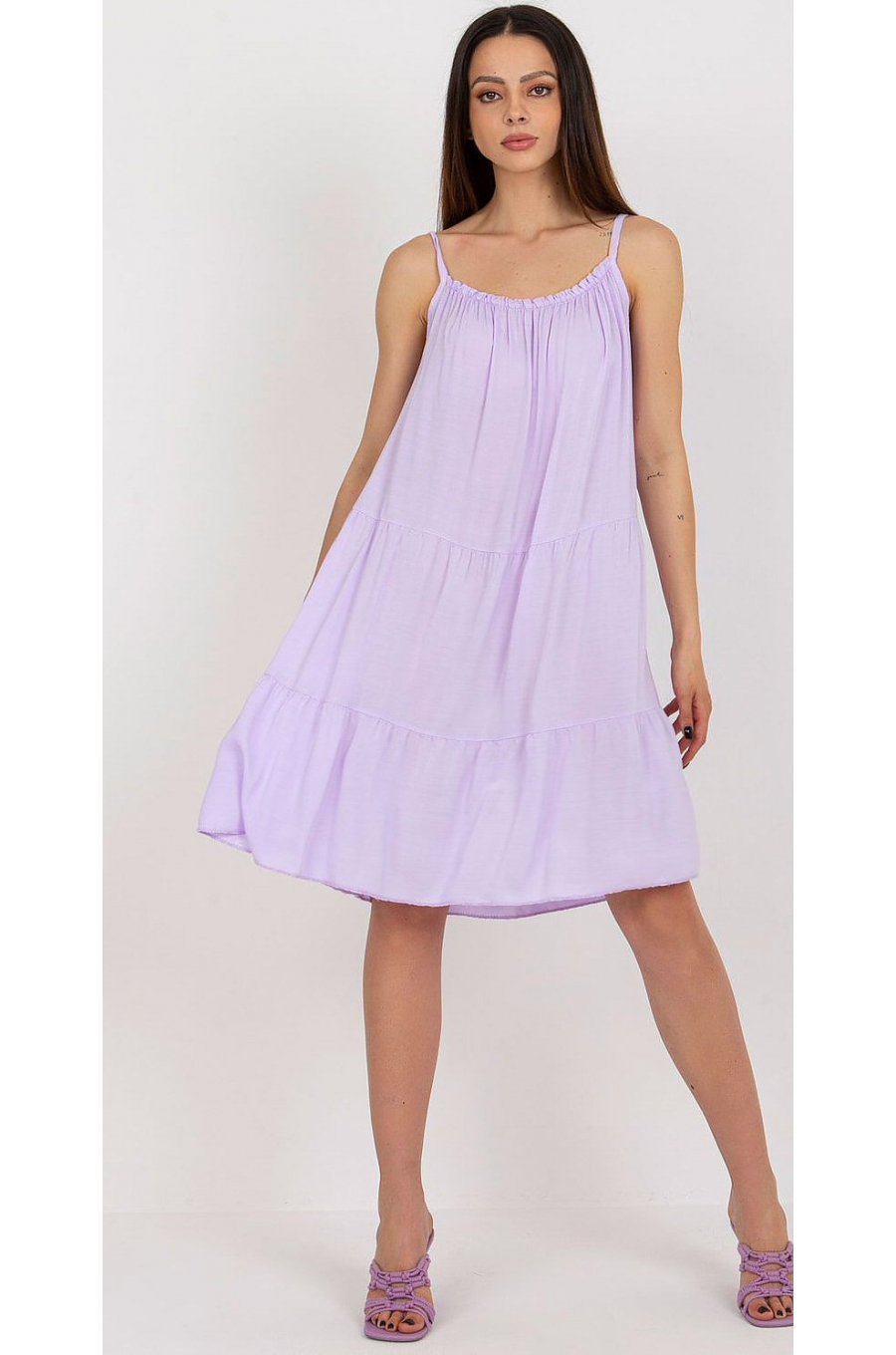 Rochie midi lila din vascoza vaporoasa cu volane Amedia 2 - jojofashion.ro