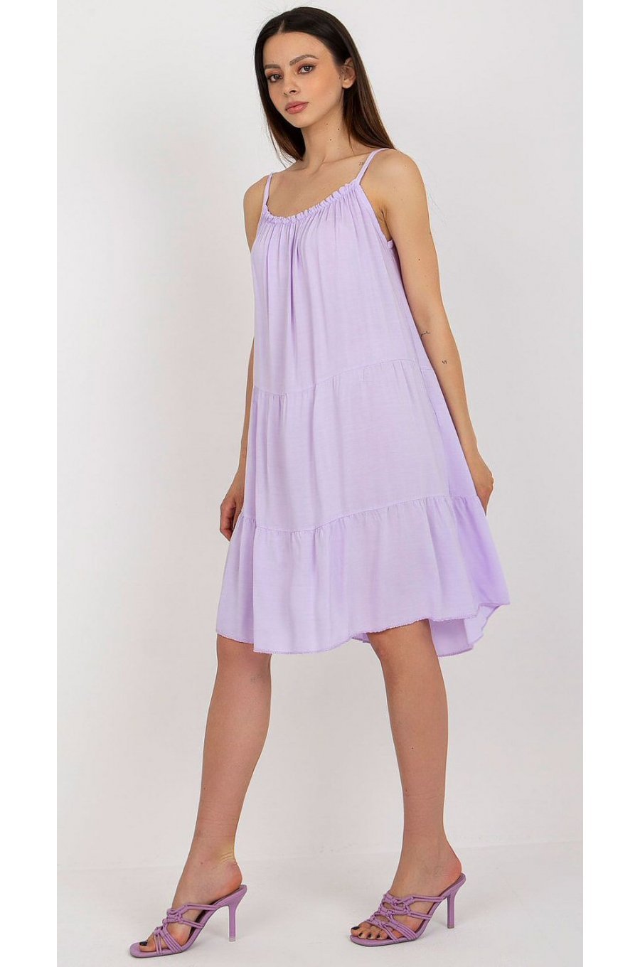 Rochie midi lila din vascoza vaporoasa cu volane Amedia 4 - jojofashion.ro