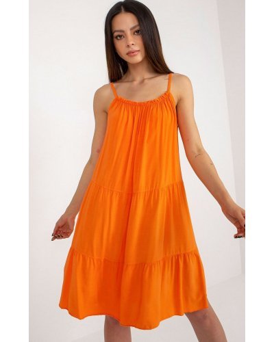 Rochie midi de vara din vascoza orange vaporoasa cu volane Amedia Rochii de vara, Rochie midi de vara din vascoza orange vaporoasa cu volane Amedia - jojofashion.ro