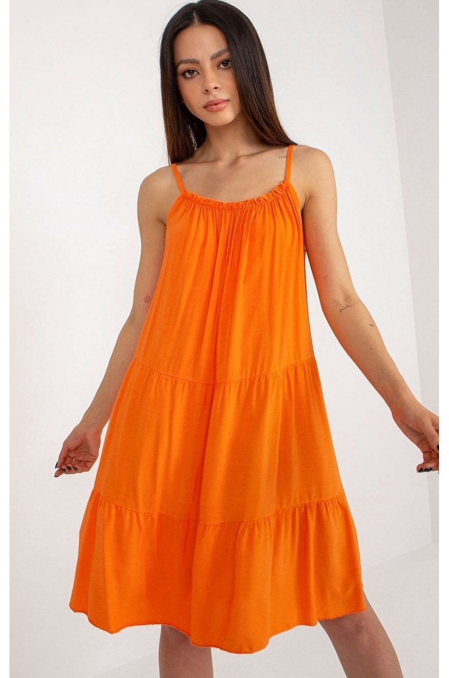 Rochie midi de vara din vascoza orange vaporoasa cu volane Amedia 1 - jojofashion.ro