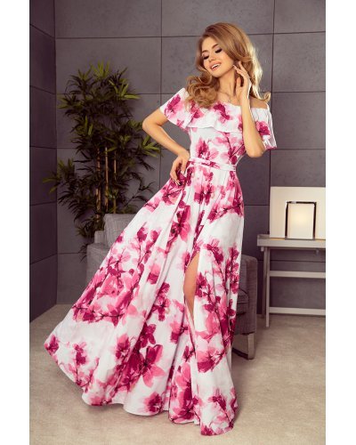 Rochie de vara alba lunga cu flori roz vaporoasa cu umerii goi si volane Georgia Rochii, Rochie de vara alba lunga cu flori roz vaporoasa cu umerii goi si volane Georgia - jojofashion.ro
