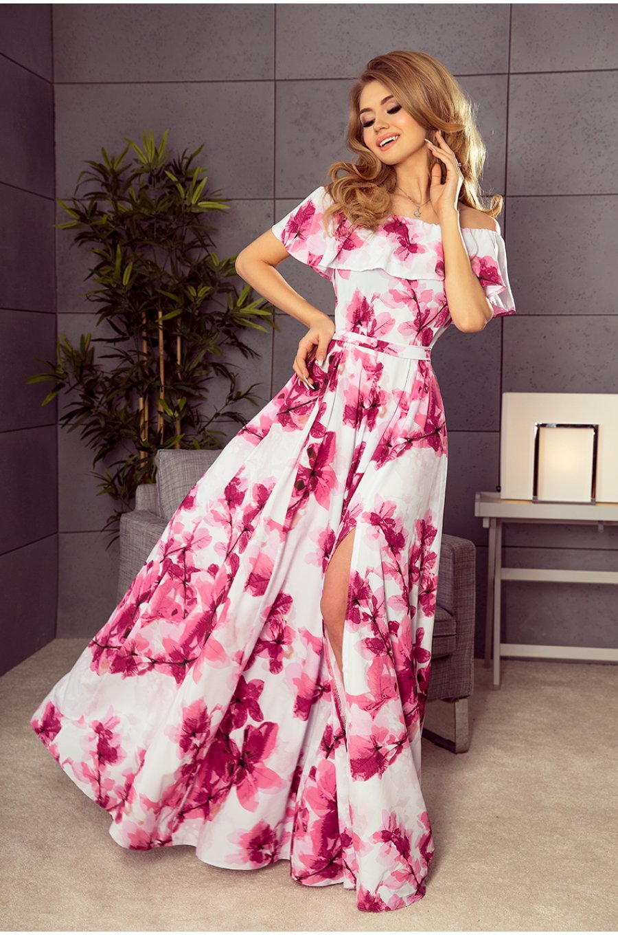 Rochie de vara alba lunga cu flori roz vaporoasa cu umerii goi si volane Georgia 1 - jojofashion.ro