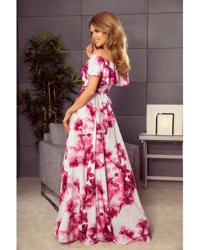 Rochie de vara alba lunga cu flori roz vaporoasa cu umerii goi si volane Georgia Rochii, Rochie de vara alba lunga cu flori roz vaporoasa cu umerii goi si volane Georgia - jojofashion.ro
