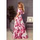 Rochie de vara alba lunga cu flori roz vaporoasa cu umerii goi si volane Georgia 3 - jojofashion.ro