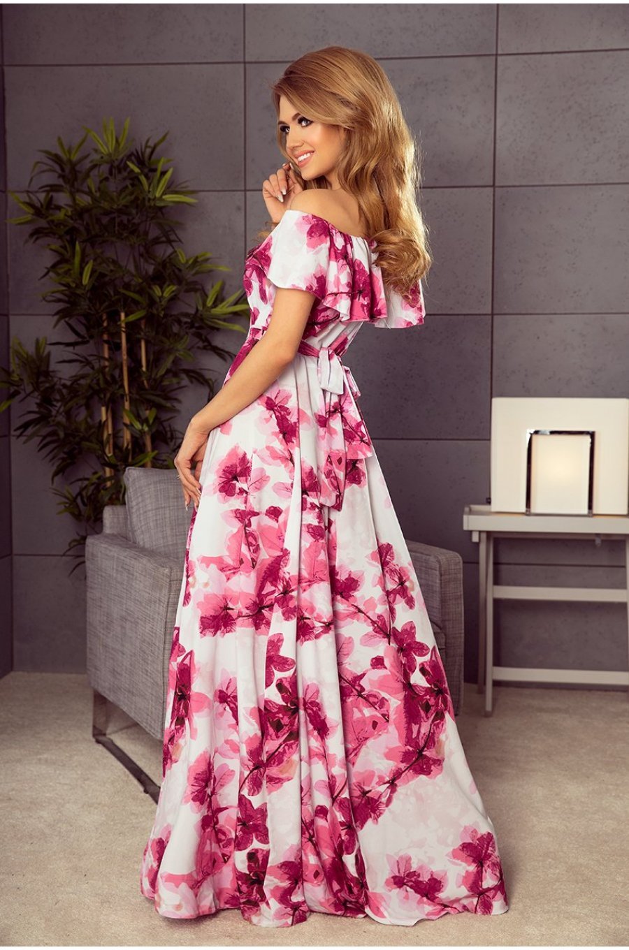 Rochie de vara alba lunga cu flori roz vaporoasa cu umerii goi si volane Georgia 2 - jojofashion.ro