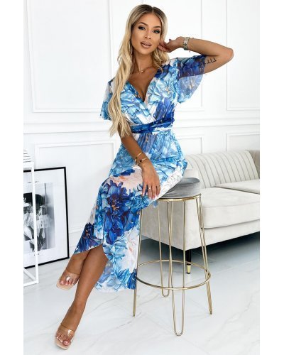 Rochie albastra lunga cu flori de vara Cinzia Rochii lungi, Rochie albastra lunga cu flori de vara Cinzia - jojofashion.ro