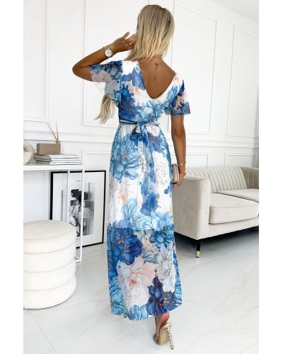 Rochie albastra lunga cu flori de vara Cinzia Rochii lungi, Rochie albastra lunga cu flori de vara Cinzia - jojofashion.ro