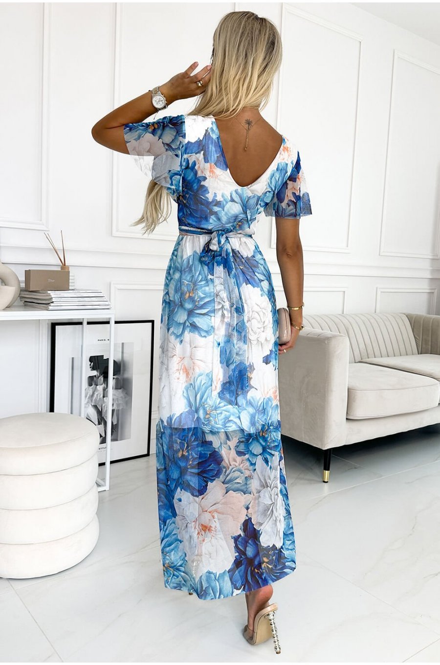 Rochie albastra lunga cu flori de vara Cinzia 2 - jojofashion.ro