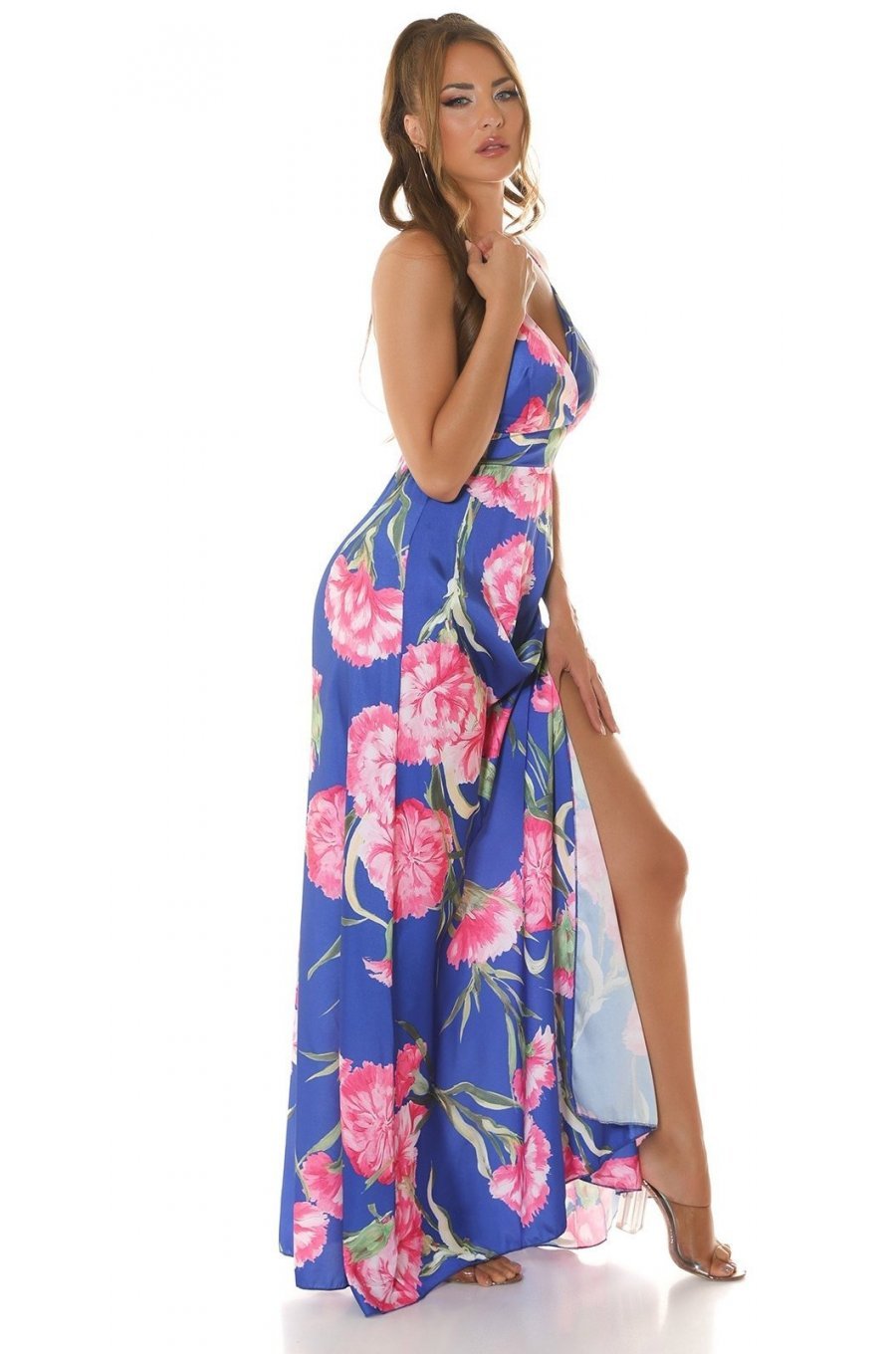 Rochie lunga de vara albastra cu flori vaporoasa Cataleya 4 - jojofashion.ro
