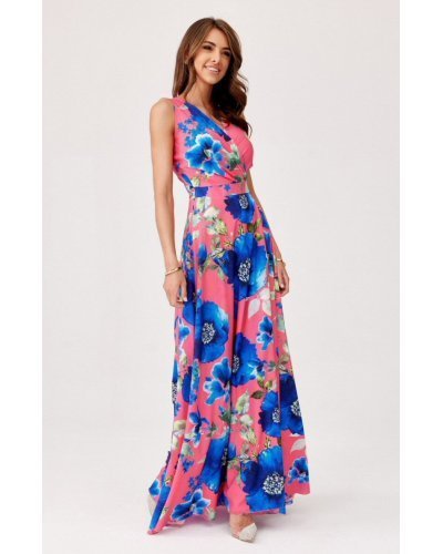 Rochie de vara lunga corai cu flori albastre vaporoasa petrecuta Nastia Rochii lungi, Rochie de vara lunga corai cu flori albastre vaporoasa petrecuta Nastia - jojofashion.ro