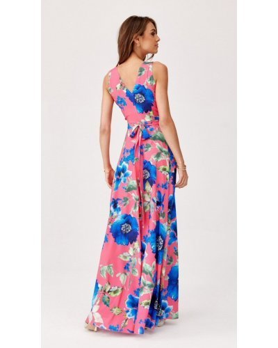 Rochie de vara lunga corai cu flori albastre vaporoasa petrecuta Nastia Rochii lungi, Rochie de vara lunga corai cu flori albastre vaporoasa petrecuta Nastia - jojofashion.ro