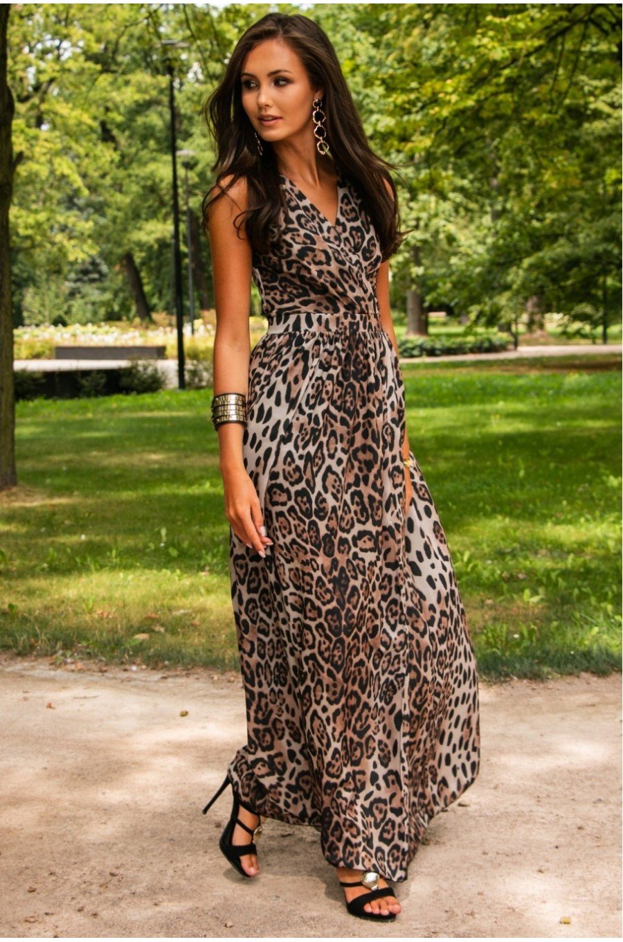 Rochie de vara lunga, din chiffon animal print leopard, vaporoasa, petrecuta, Kosima 3 - jojofashion.ro