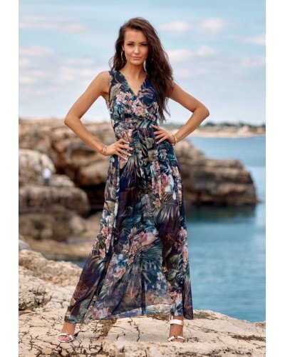 Rochie lunga de vara din chiffon bleumarin cu flori vaporoasa petrecuta Kosima Rochii lungi, Rochie lunga de vara din chiffon bleumarin cu flori vaporoasa petrecuta Kosima - jojofashion.ro