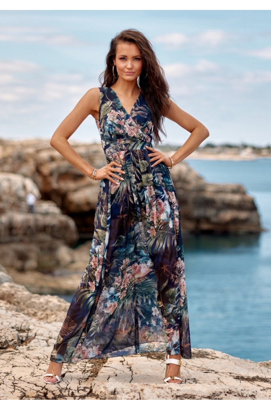 Rochie lunga de vara din chiffon bleumarin cu flori vaporoasa petrecuta Kosima 1 - jojofashion.ro
