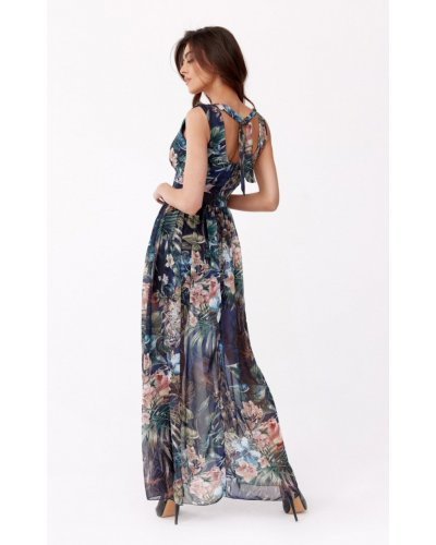Rochie lunga de vara din chiffon bleumarin cu flori vaporoasa petrecuta Kosima Rochii lungi, Rochie lunga de vara din chiffon bleumarin cu flori vaporoasa petrecuta Kosima - jojofashion.ro