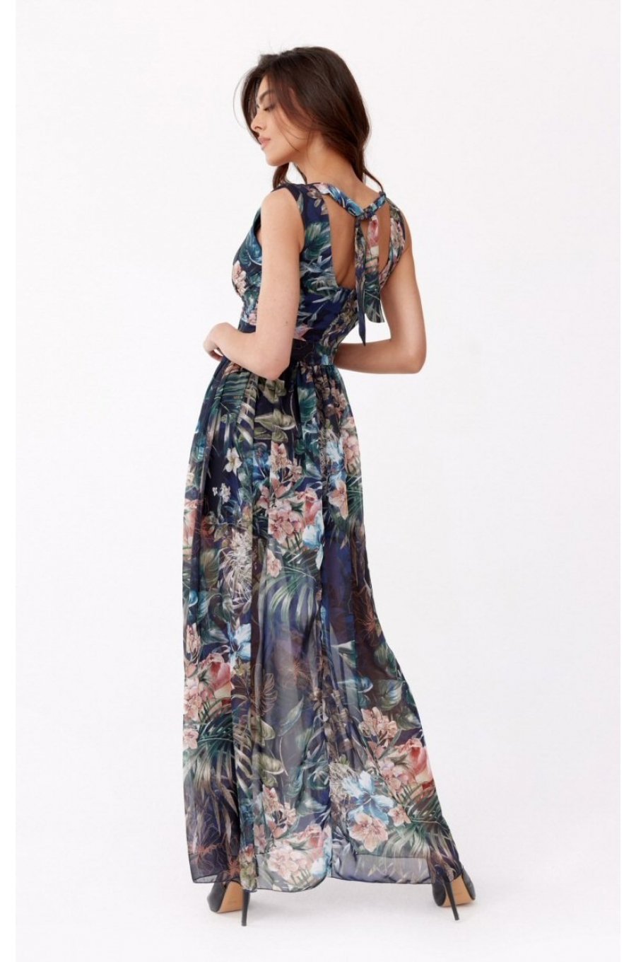 Rochie lunga de vara din chiffon bleumarin cu flori vaporoasa petrecuta Kosima 2 - jojofashion.ro