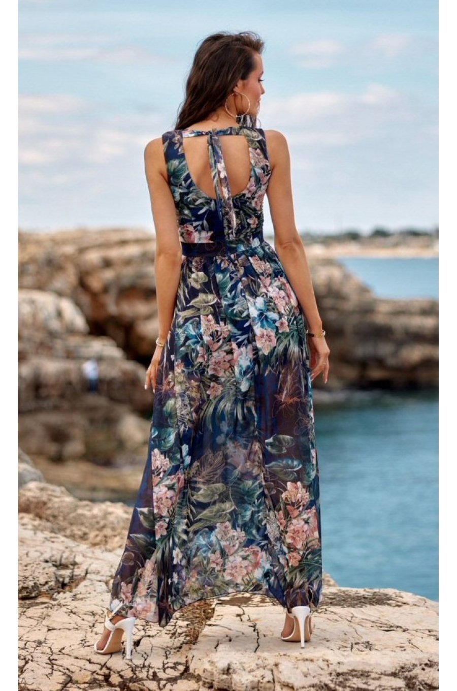 Rochie lunga de vara din chiffon bleumarin cu flori vaporoasa petrecuta Kosima 3 - jojofashion.ro
