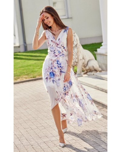 Rochie de vara lunga, din chiffon, ecru cu flori albastre, asimetrica, vaporoasa, Mirla Rochii lungi, Rochie de vara lunga, din chiffon, ecru cu flori albastre, asimetrica, vaporoasa, Mirla - jojofashion.ro