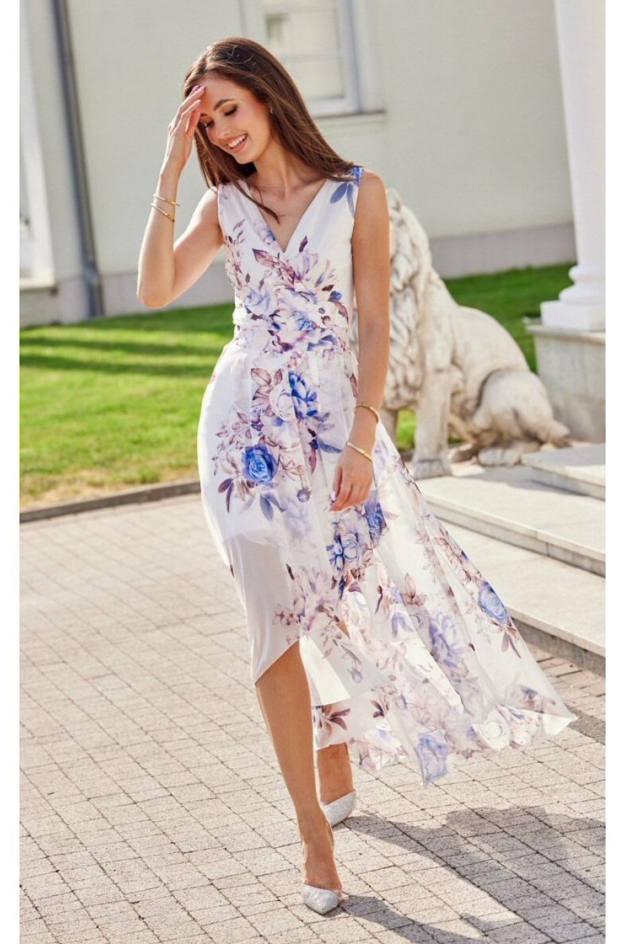 Rochie de vara lunga, din chiffon, ecru cu flori albastre, asimetrica, vaporoasa, Mirla 1 - jojofashion.ro