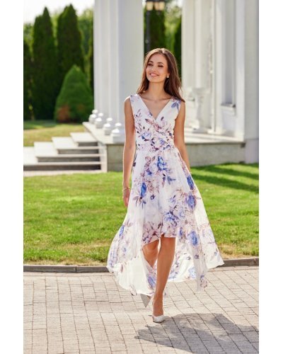 Rochie de vara lunga, din chiffon, ecru cu flori albastre, asimetrica, vaporoasa, Mirla Rochii lungi, Rochie de vara lunga, din chiffon, ecru cu flori albastre, asimetrica, vaporoasa, Mirla - jojofashion.ro