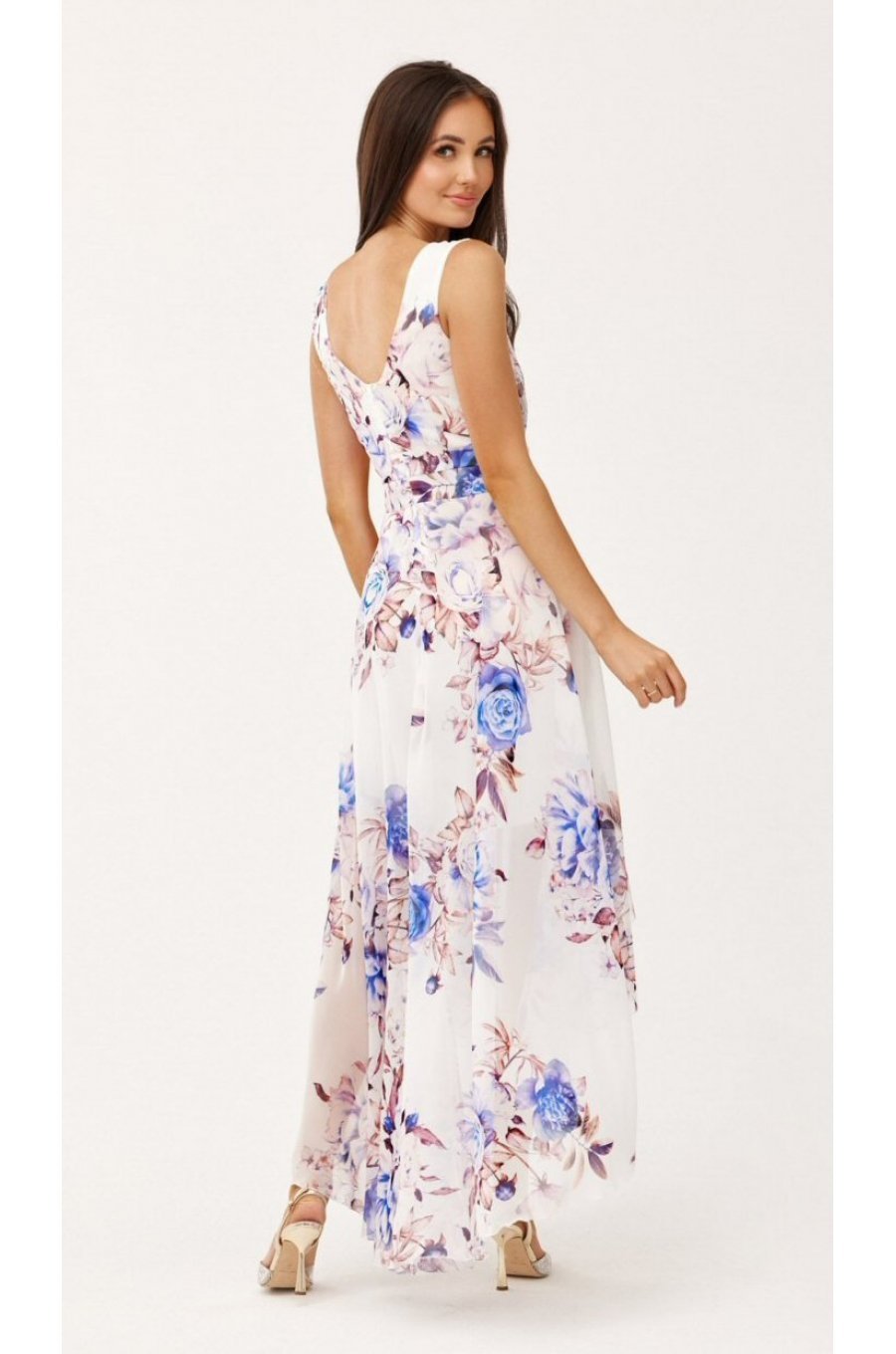 Rochie de vara lunga, din chiffon, ecru cu flori albastre, asimetrica, vaporoasa, Mirla 3 - jojofashion.ro