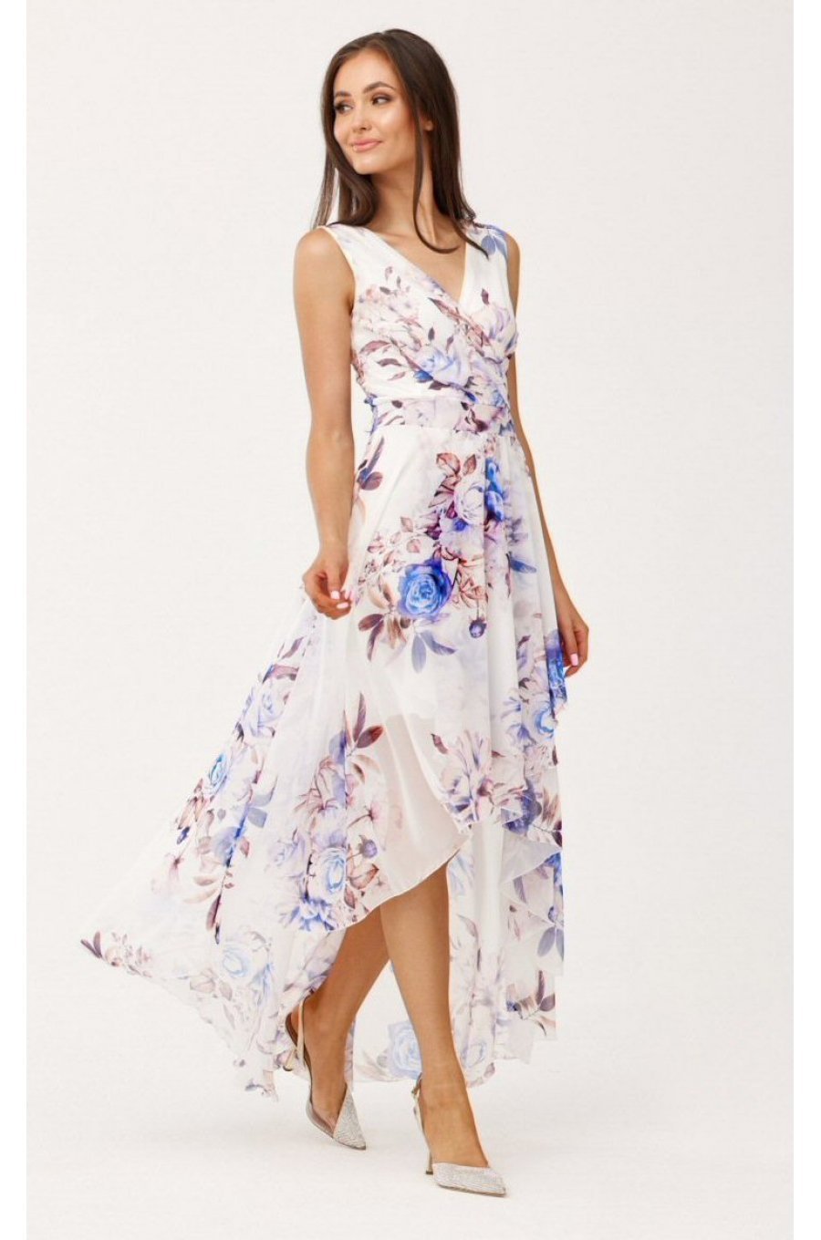 Rochie de vara lunga, din chiffon, ecru cu flori albastre, asimetrica, vaporoasa, Mirla 4 - jojofashion.ro