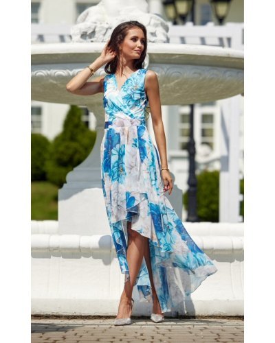 Rochie de vara lunga din chiffon ecru cu flori bleu vaporoasa Mirla Rochii lungi, Rochie de vara lunga din chiffon ecru cu flori bleu vaporoasa Mirla - jojofashion.ro