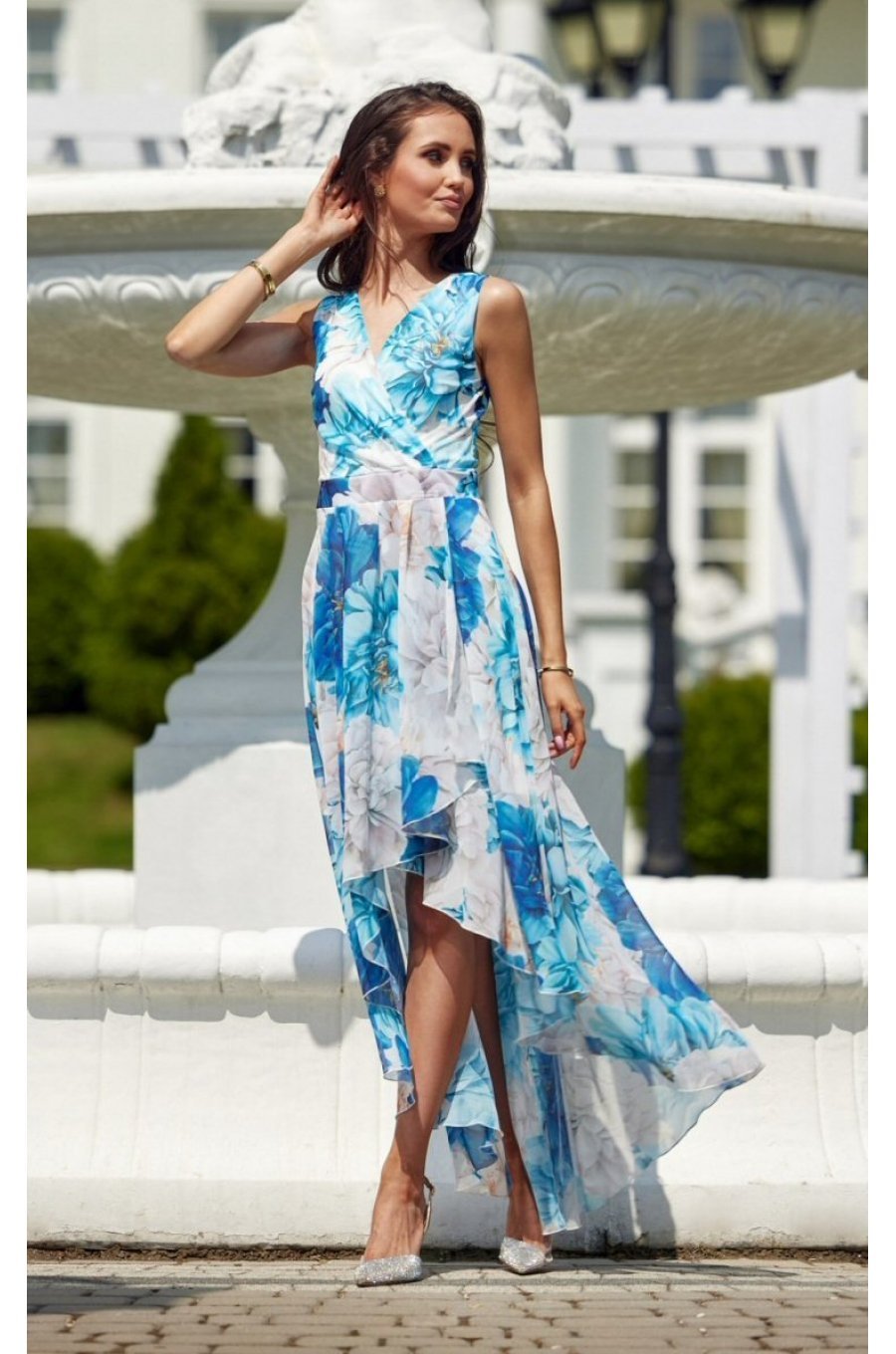 Rochie de vara lunga din chiffon ecru cu flori bleu vaporoasa Mirla 1 - jojofashion.ro