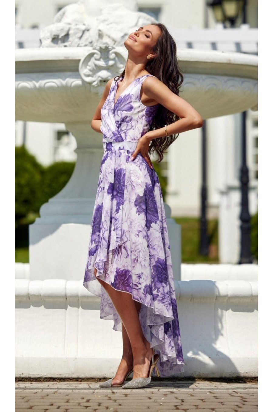 Rochie de vara lunga din chiffon ecru cu flori mov vaporoasa Mirla 2 - jojofashion.ro