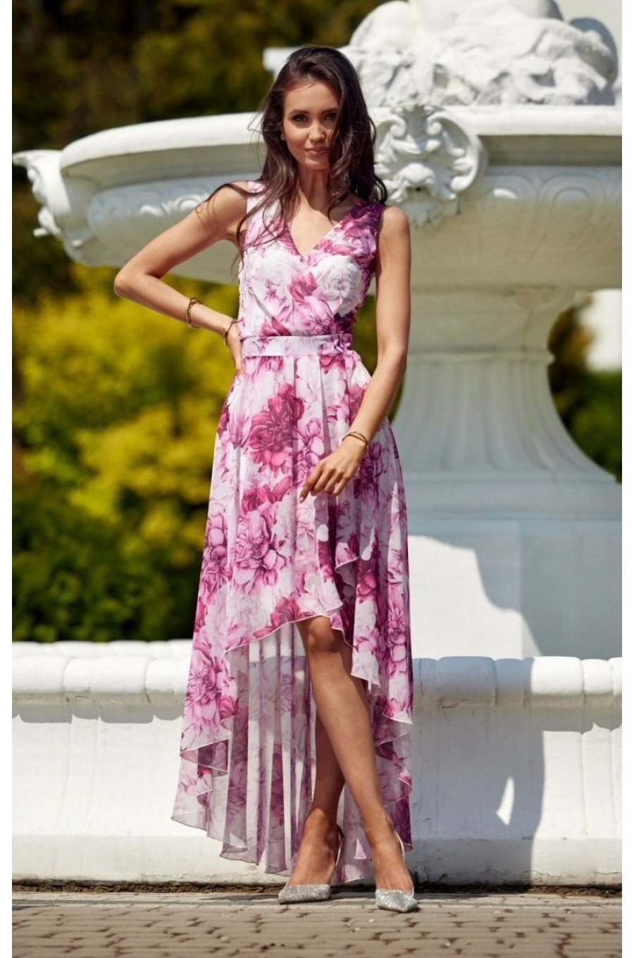 Rochie de vara lunga, din chiffon ecru cu flori roz, asimetrica, vaporoasa, Mirla 1 - jojofashion.ro