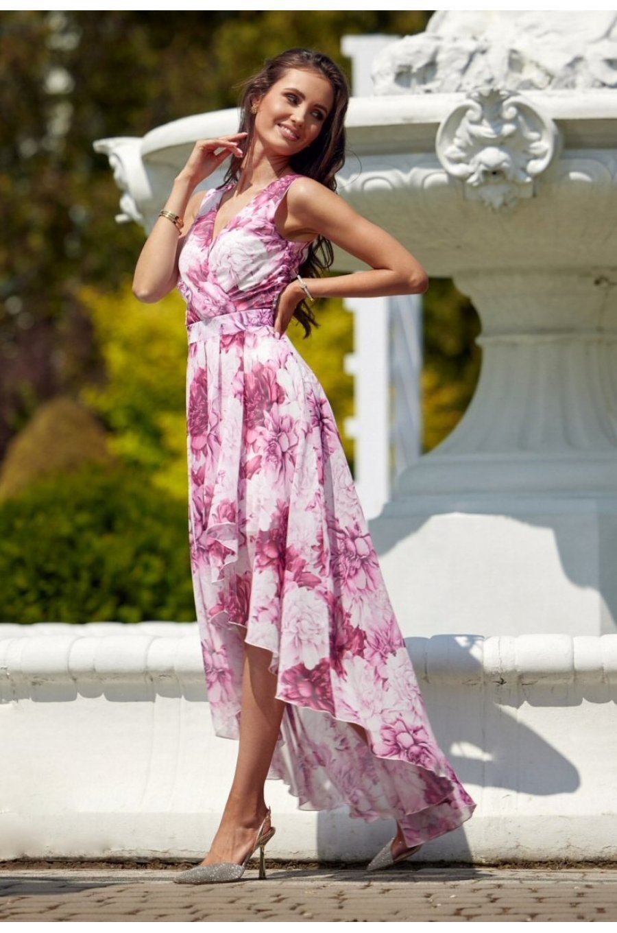 Rochie de vara lunga, din chiffon ecru cu flori roz, asimetrica, vaporoasa, Mirla 2 - jojofashion.ro