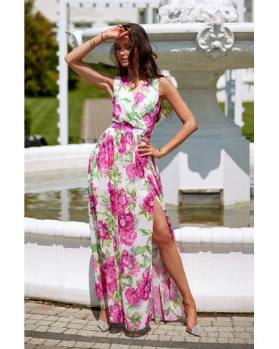 Rochie de vara lunga, din chiffon ecru cu flori roz, vaporoasa, petrecuta, Kosima Rochii lungi, Rochie de vara lunga, din chiffon ecru cu flori roz, vaporoasa, petrecuta, Kosima - jojofashion.ro