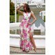 Rochie de vara lunga, din chiffon ecru cu flori roz, vaporoasa, petrecuta, Kosima 2 - jojofashion.ro