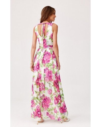 Rochie de vara lunga, din chiffon ecru cu flori roz, vaporoasa, petrecuta, Kosima Rochii lungi, Rochie de vara lunga, din chiffon ecru cu flori roz, vaporoasa, petrecuta, Kosima - jojofashion.ro