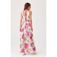 Rochie de vara lunga, din chiffon ecru cu flori roz, vaporoasa, petrecuta, Kosima 3 - jojofashion.ro
