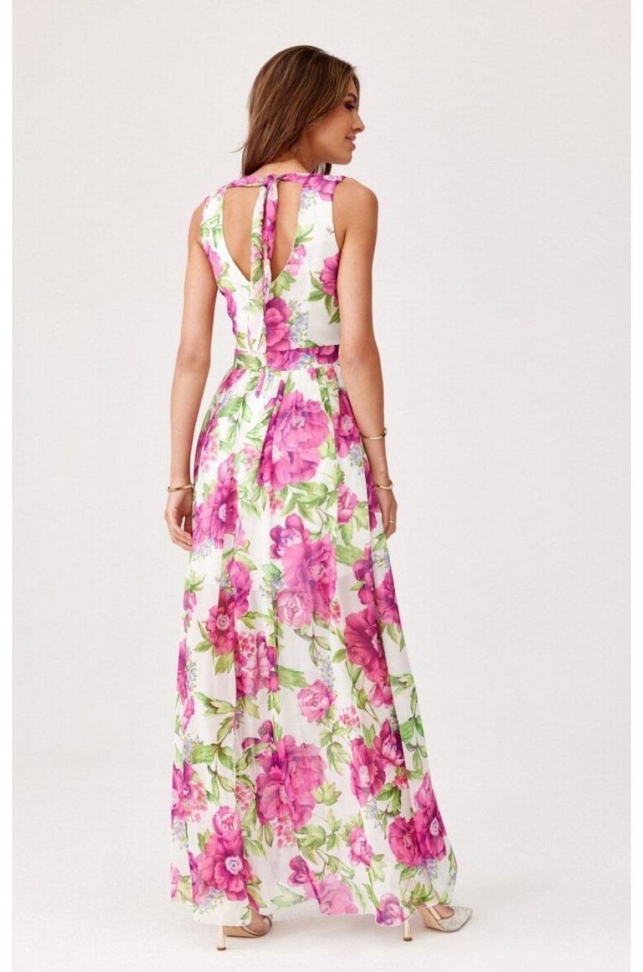 Rochie de vara lunga, din chiffon ecru cu flori roz, vaporoasa, petrecuta, Kosima 2 - jojofashion.ro