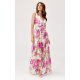 Rochie de vara lunga, din chiffon ecru cu flori roz, vaporoasa, petrecuta, Kosima 4 - jojofashion.ro