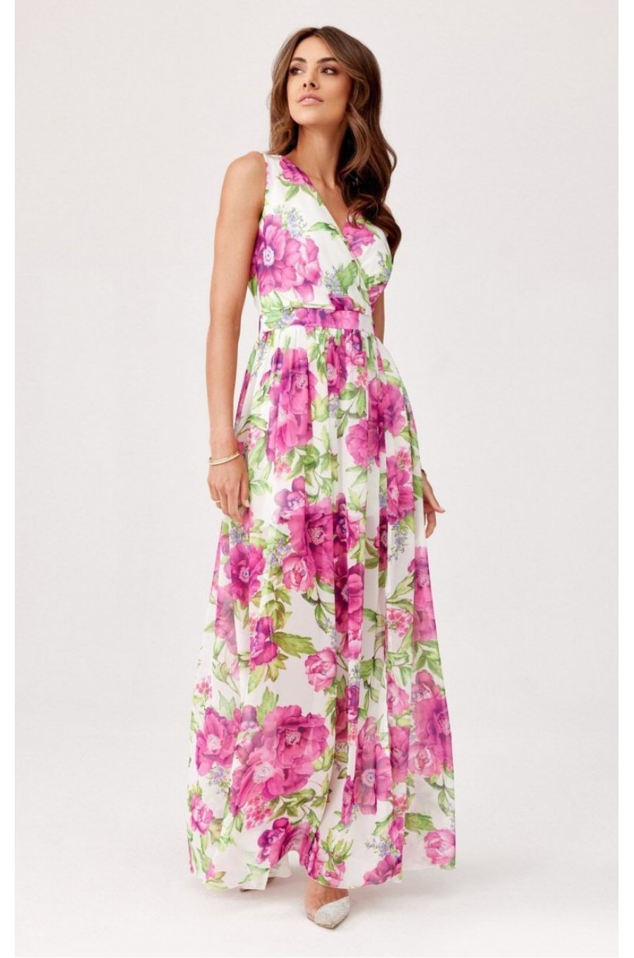 Rochie de vara lunga, din chiffon ecru cu flori roz, vaporoasa, petrecuta, Kosima 3 - jojofashion.ro