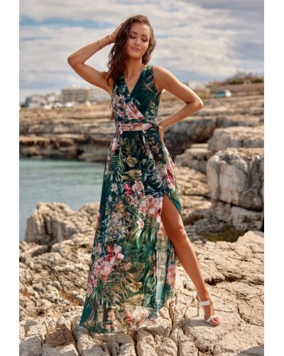 Rochie de vara lunga din chiffon verde cu flori roz vaporoasa petrecuta Kosima Rochii lungi, Rochie de vara lunga din chiffon verde cu flori roz vaporoasa petrecuta Kosima - jojofashion.ro