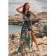 Rochie de vara lunga din chiffon verde cu flori roz vaporoasa petrecuta Kosima 2 - jojofashion.ro