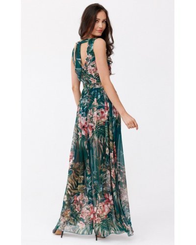 Rochie de vara lunga din chiffon verde cu flori roz vaporoasa petrecuta Kosima Rochii lungi, Rochie de vara lunga din chiffon verde cu flori roz vaporoasa petrecuta Kosima - jojofashion.ro