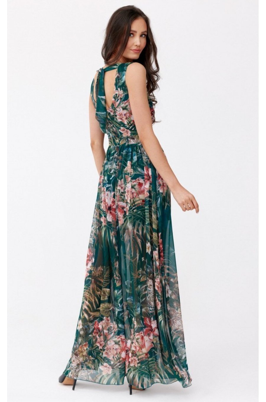 Rochie de vara lunga din chiffon verde cu flori roz vaporoasa petrecuta Kosima 2 - jojofashion.ro