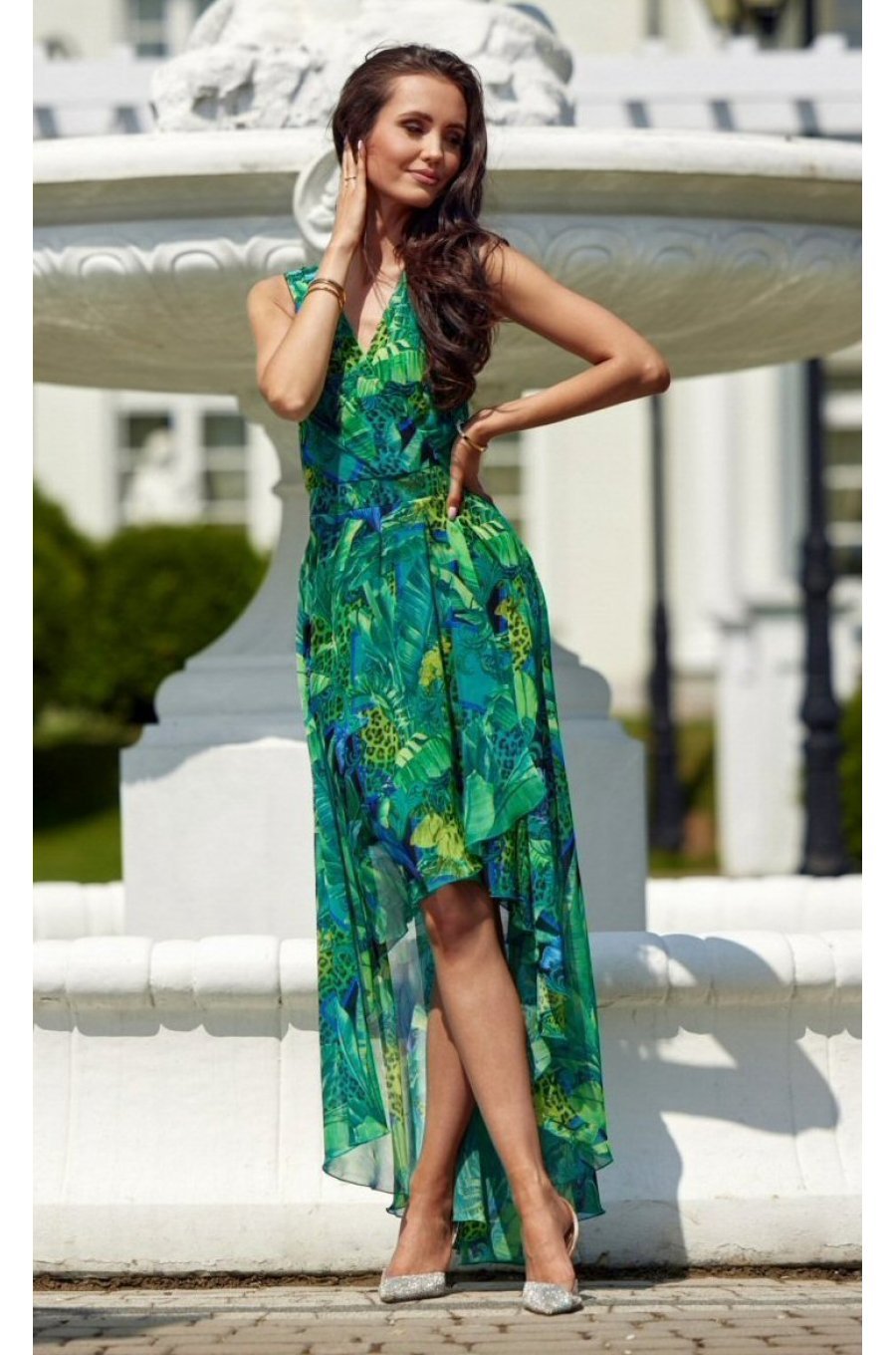 Rochie de vara lunga, din chiffon verde cu print multicolor, asimetrica, vaporoasa, Mirla 1 - jojofashion.ro