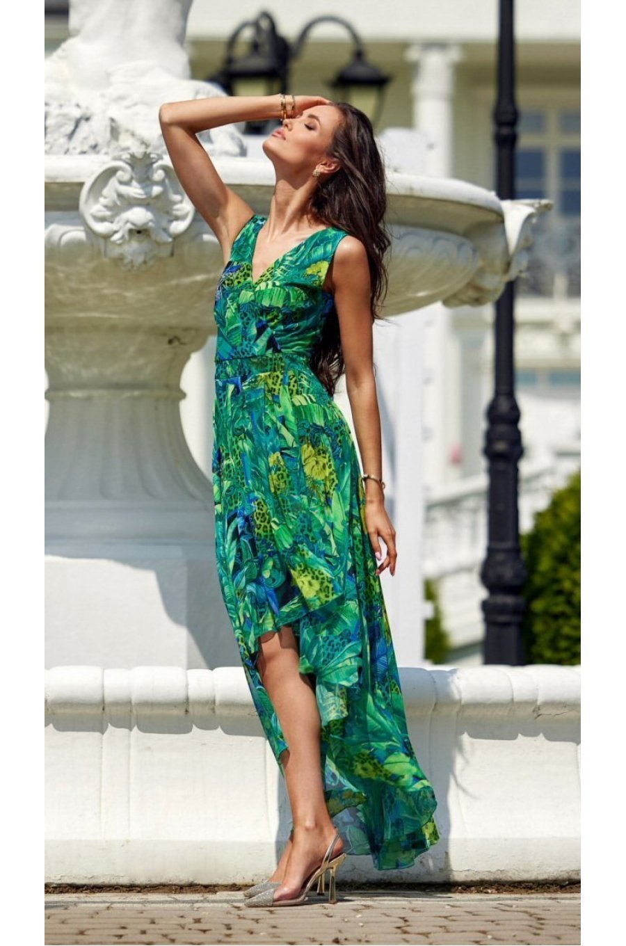 Rochie de vara lunga, din chiffon verde cu print multicolor, asimetrica, vaporoasa, Mirla 2 - jojofashion.ro