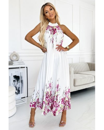 Rochie de vara lunga, din satin, alba cu flori, plisata, vaporoasa, Edna Rochii satin, Rochie de vara lunga, din satin, alba cu flori, plisata, vaporoasa, Edna - jojofashion.ro